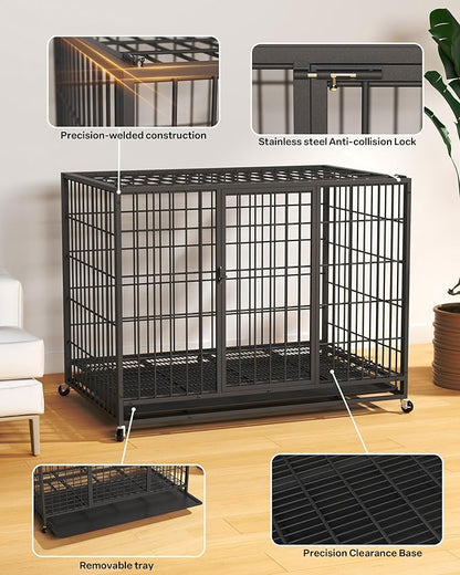 42 Inch Large Dog Crate, Escape Proof Dog Cage with Dual Door Lock and Swivel Casters,Removable Tray for Easy Cleaning, Dog Kennel Indoor Outdoor Use