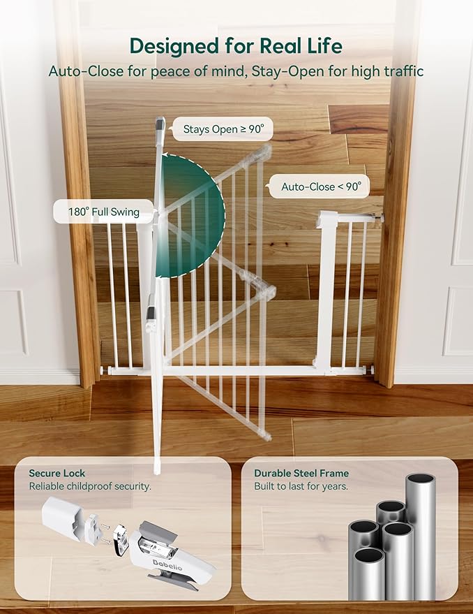 Babelio Baby Gate for Doorways and Stairs, 36“ Tall Pet Gate, PressGuard P7 with Auto Close Design, 29"-43" Wide Easy Install Pressure Mounted, Safety Gate Door for Child and Pet, White