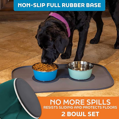 Master Pet Supply Stainless Steel Dog Bowls Set of 2 (32 Oz Each) with Non-Slip Rubber Base - Emerald Sea - Basic Dog Food Bowl Water & Food Bowls for Small Medium Large Dogs & Cats, Metal Dish