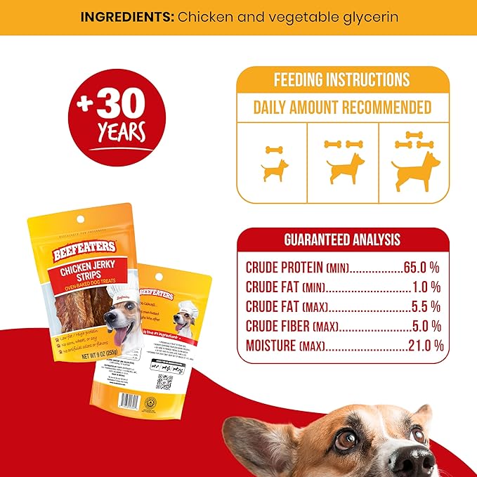 Beefeaters Chicken Jerky Strips for Dogs, 9 oz – Dog Treat. 100% Real Chicken Breast, Grain-Free, No Additives, Perfect for Training & Healthy Growth, Allergy-Friendly (Pack of 2)