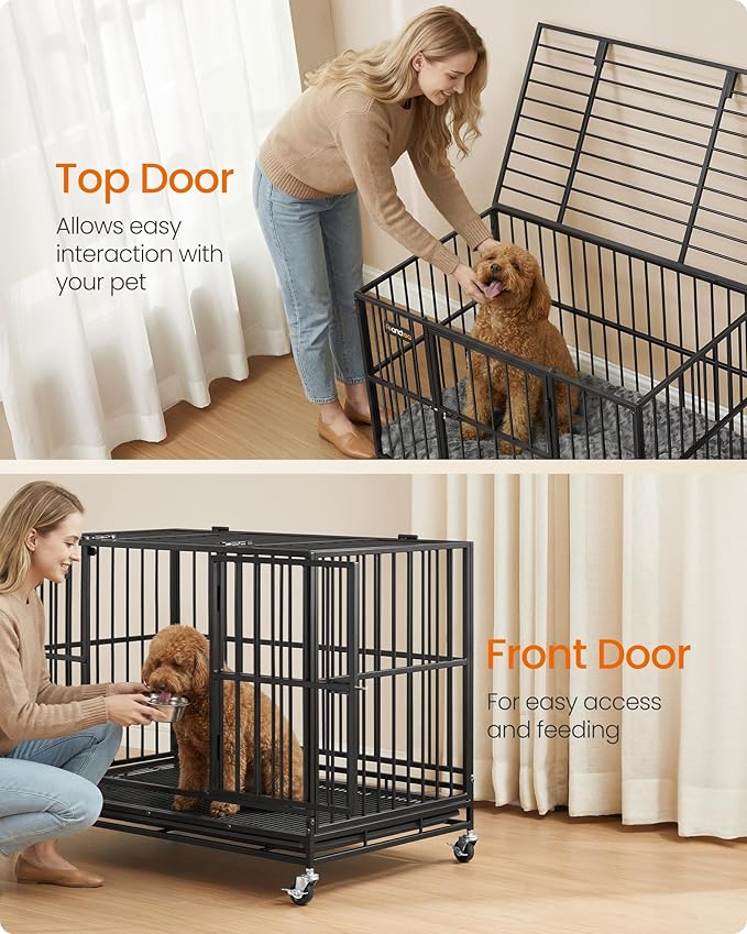 Feandrea Heavy-Duty Dog Crate, 5-Minute Quick Assembly, Foldable Dog Kennel Cage with Lockable Wheels, Double Doors, Escape Proof Fixed Bottom, Removable Tray, Easy to Clean, Ink Black, 37 Inch