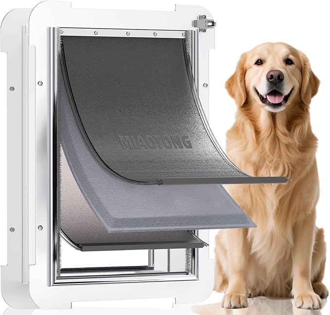 3-Flap Steel Large Dog Door for Exterior Doors with Sliding Lock Panel, Energy-Efficient Insulated Pet Door, Extreme Weather Doggy Door with Telescoping Tunnel, Never Rust（Pets Up to 100 Lb）