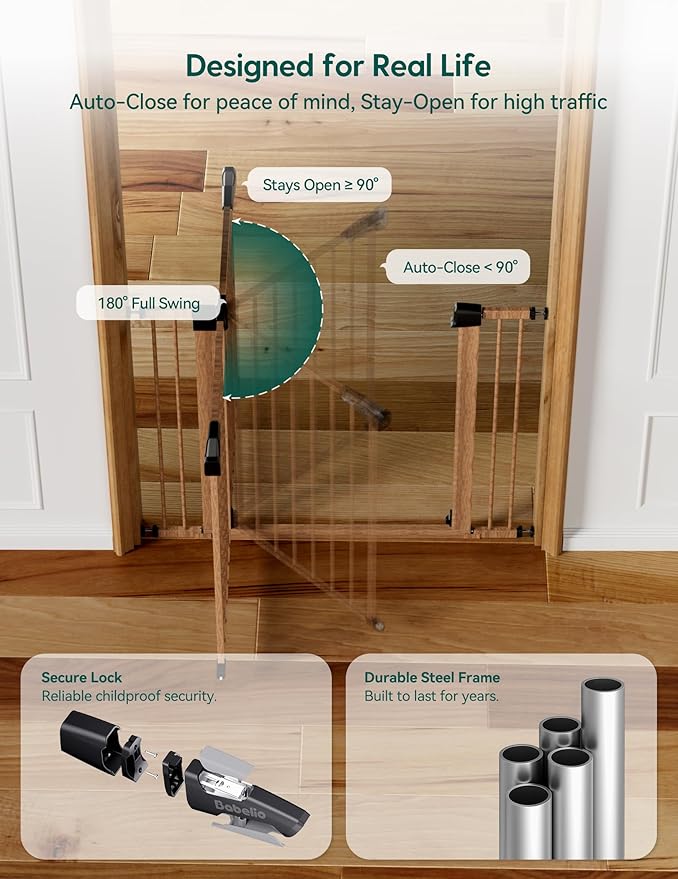 Mom's Choice Award Winner, Babelio 26-40" Metal Baby Gate with Wood Pattern, PressGuard C5 Easy Install Pressure Mounted Dog Gate for Stairs and Doorways, with Wall Protectors and Extension Kits