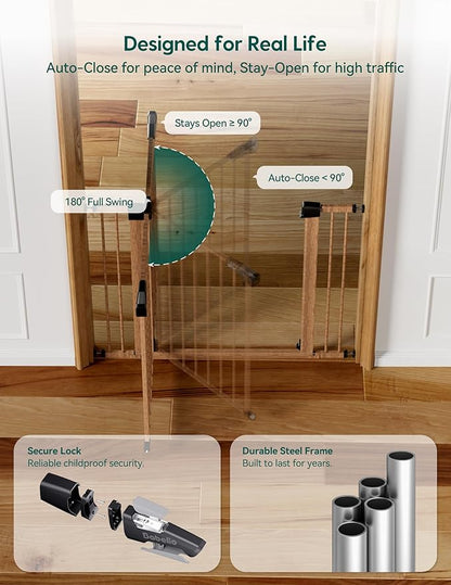 Mom's Choice Award Winner, Babelio 26-40" Metal Baby Gate with Wood Pattern, PressGuard C5 Easy Install Pressure Mounted Dog Gate for Stairs and Doorways, with Wall Protectors and Extension Kits