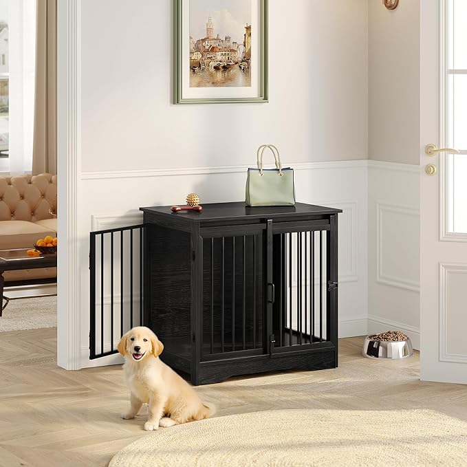 Hzuaneri 27.2" Dog Crate Furniture with Barn Door, Heavy Duty Dog Kennel Indoor with 2 Doors, Wooden Pet Cage End Table for Small Medium Dogs up to 22 lb, Anti-Chew Anti-Escape, Black DFC84304B