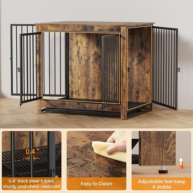 Derfullo Dog Crate Furniture, 42 Inch Indoor Large Dog Kennel for Medium to Large Dogs Up to 70 LBS, Heavy Duty Wooden Pet Cage End Table with 3 Doors, Alloy Steel Frame & Removable Tray