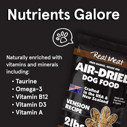 TRMC Real Meat Air Dried Dog Food w/Real Venison - 2lb Bag of USA-Crafted Grain-Free Real, Sourced from Hormone-Free, Free-Range, Grass-Fed Venison - All Natural, High Protein