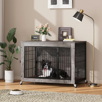 PRETZI Dog Crate Furniture with Cushion,38" Wooden Dog Crate nightstand with Double Doors, Grey Kennel Indoor with Wheels, Decorative Pet House for Medium Large Dog