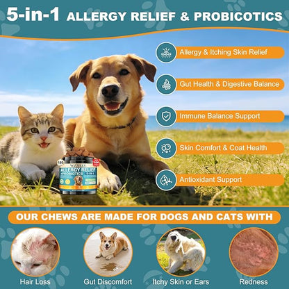 Dog Allergy Chews, Allergy Immune Bites for Dogs, Itching Skin Relief, Itchy Ears, Anti Itch, Paw Licking Treatment, Seasonal Allergies, Dog Probiotics for Digestive Health & Gut Health, 180 Chews