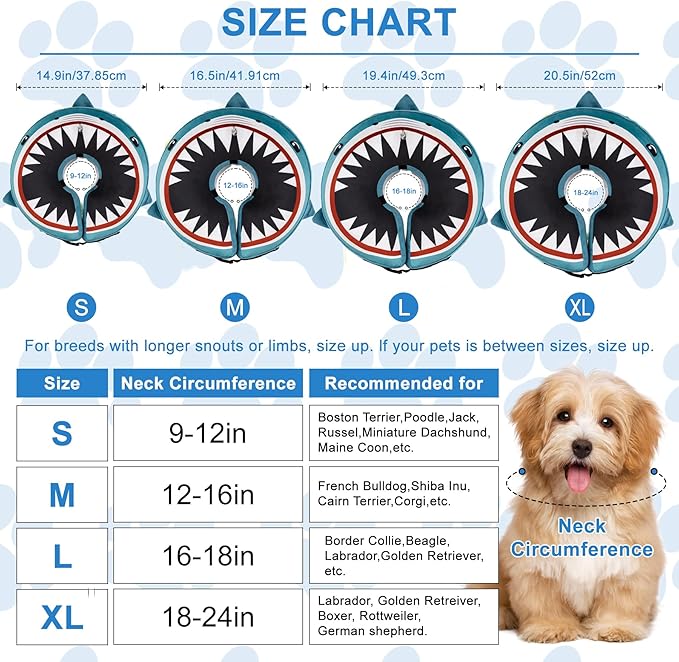 Dog Cone Inflatable Widen Dog Neck Donut Collar, Soft Cone Alternative After Surgery for Large Medium Small Dogs to Stop Licking (Blue Shark, X-Large)