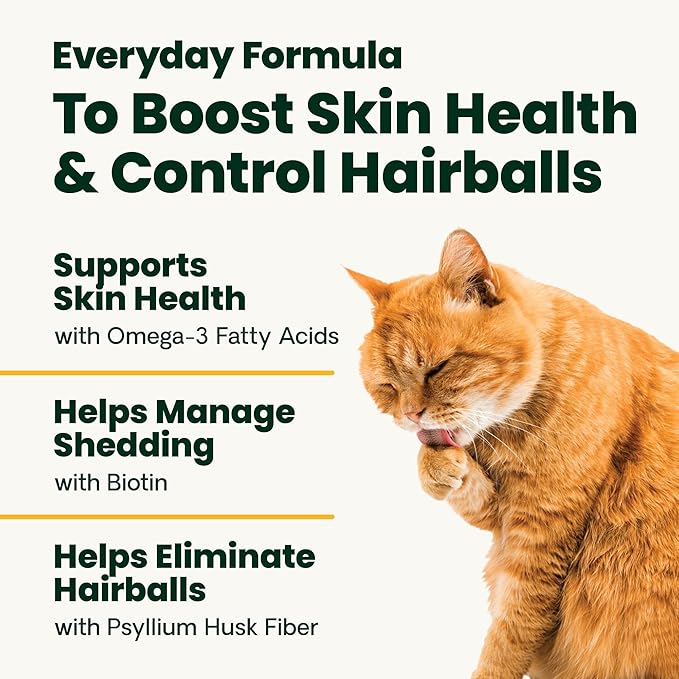 VetriScience Hairball Control Chews for Cats, Omega-3 and Fiber Supplement, Support Digestion and Skin and Coat, Tasty Small Bites, Chicken, 60 Count