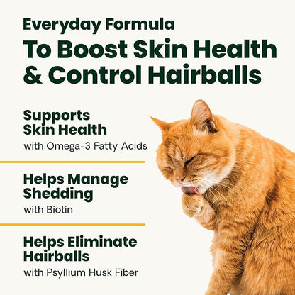 VetriScience Hairball Control Chews for Cats, Omega-3 and Fiber Supplement, Support Digestion and Skin and Coat, Tasty Small Bites, Chicken, 60 Count
