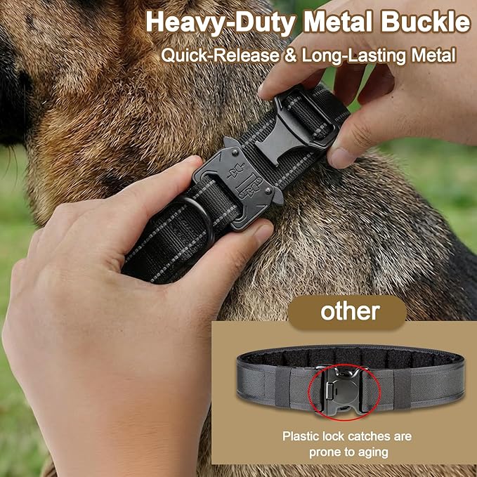 KCUCOP Heavy Duty Tactical Dog Collar and Leash Set, Military Training Nylon Reflective Collar with Handle Metal Buckle for Medium Large Dogs, Black, L (1 Patch Included)
