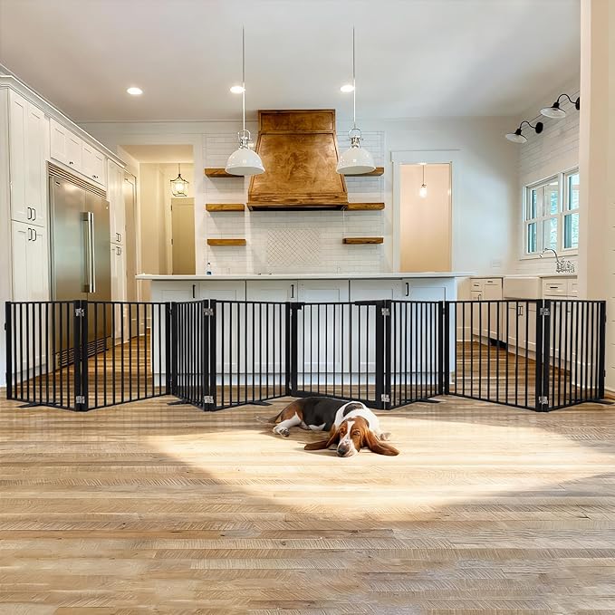 Snagle Paw Extra Wide Dog Gate,Free Standing Dog Fence with Door, Up to 208 Inch Wide Pet Gate with Support Feet for Stairs, Hallways, Doorways, Yard (Black, 8 Panels)