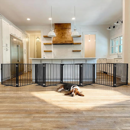 Snagle Paw Extra Wide Dog Gate,Free Standing Dog Fence with Door, Up to 208 Inch Wide Pet Gate with Support Feet for Stairs, Hallways, Doorways, Yard (Black, 8 Panels)