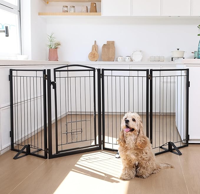 36" Tall Metal Freestanding Dog Gate with Cat Door for Indoor&Outdoor,80" Extra Wide Foldable Pet Gate,Foldable Indoor Dog Fence for Wide Openings Stairs,Deck,Yard,Doorways(4 Panels,Black)