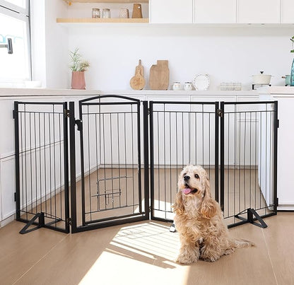 36" Tall Metal Freestanding Dog Gate with Cat Door for Indoor&Outdoor,80" Extra Wide Foldable Pet Gate,Foldable Indoor Dog Fence for Wide Openings Stairs,Deck,Yard,Doorways(4 Panels,Black)