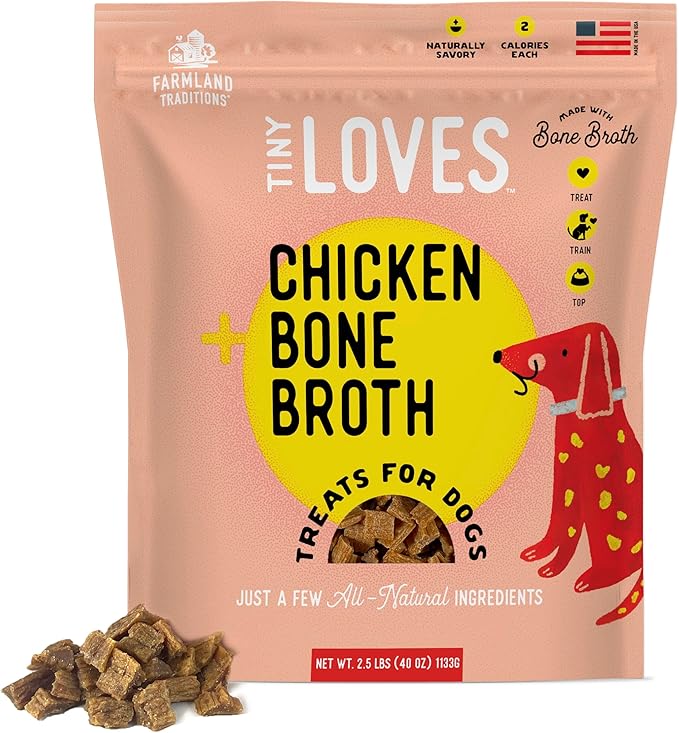 Farmland Traditions Tiny Loves Jerky Topper Trainer Treats for Dogs, Chicken with Bone Broth, 2.5 Pound Bag