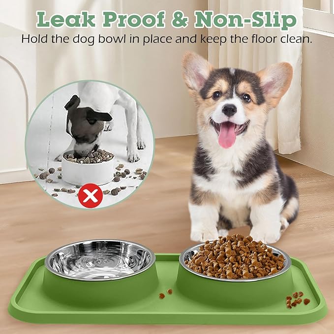 BNOSDM 2 Pcs Double Dog Food Bowls Stainless Steel Small Dog Food and Water Bowls with Non-Spill Plastic Mat Pet Cat Feeder Dish Set for Puppy Cats Kitten (Pink and Drak Green)