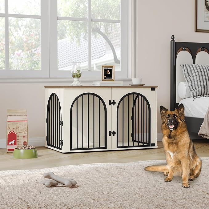 39.4" Wooden Dog Crate Furniture, Indoor Dog Kennel Dogs Cage for Small/Medium/Large Dogs, Heavy Duty Dog Crates Decorative Pet House End Side Table TV Stand, White Brown DFC84114B