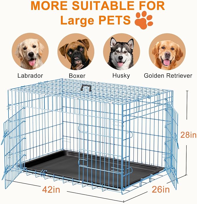 FDW Large Dog Crate 42inch Dog Cage Foldable Metal Kennel with Leakproof Tray Foldable Design Indoor Outdoor Use for Large Dogs,Blue