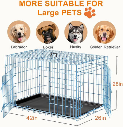FDW Large Dog Crate 42inch Dog Cage Foldable Metal Kennel with Leakproof Tray Foldable Design Indoor Outdoor Use for Large Dogs,Blue