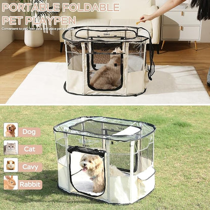 Dog Play Pen with Waterproof pad,Portable Dog Crates for Medium Dogs Kennel Tent,Dog Cages Indoor Breathable Mesh Collapsible Dog House Travel Playpen for Dogs Indoor & Outdoor(Medium, Beige)