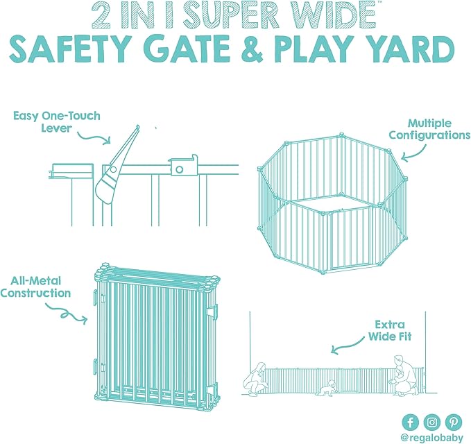 Regalo Safety 192" Super Wide Baby Gate & Play Yard, 2-in-1 Convertible Extra Wide Safety Barrier, Hardware Mounted for Toddlers & Pets, Tested & Safe for 30 Years, American Designed & Owned, White