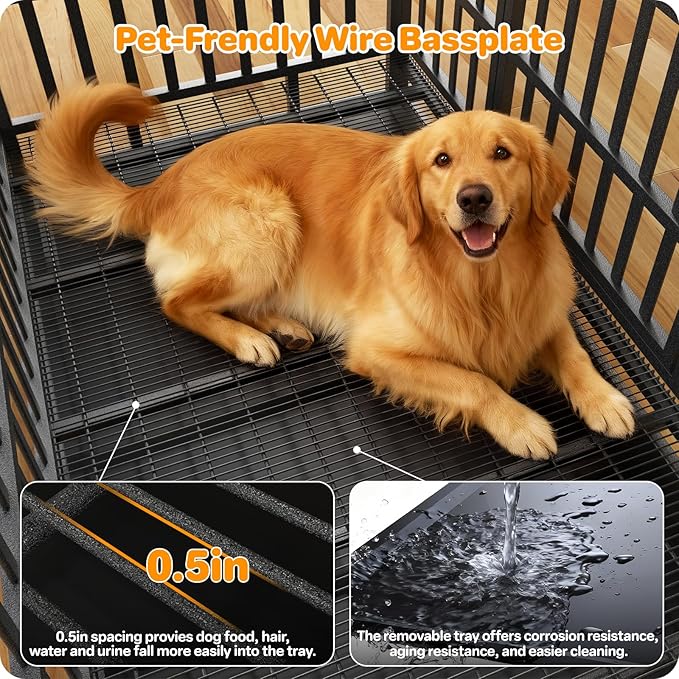 Hiwokk 48 Inch Heavy Duty Dog Crate, Indestructible Escape-Proof Dog Kennel for High Anxiety Large Dogs, Strong Metal Pet Cage with Double Doors, Lockable Wheels & Removable Tray, XL XXL XXXL