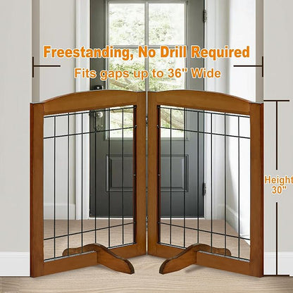LZRS 2-Panel Freestanding Adjustable Wooden Dog Gate—30” Tall Foldable Pet Barrier with Support Feet, Solid Hardwood & Chew-Resistant Steel Wire for Doorways, Hallways, and Stairs, Oak Cherry