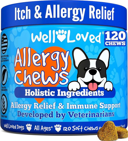 Well Loved Dog Allergy Chews - Dog Allergy Relief, Itching Skin Relief, Hot Spot Treatment & Seasonal Allergies, Vet Developed, Anti Itch Skin Irritation Treatment, Made in USA, 120 Chews