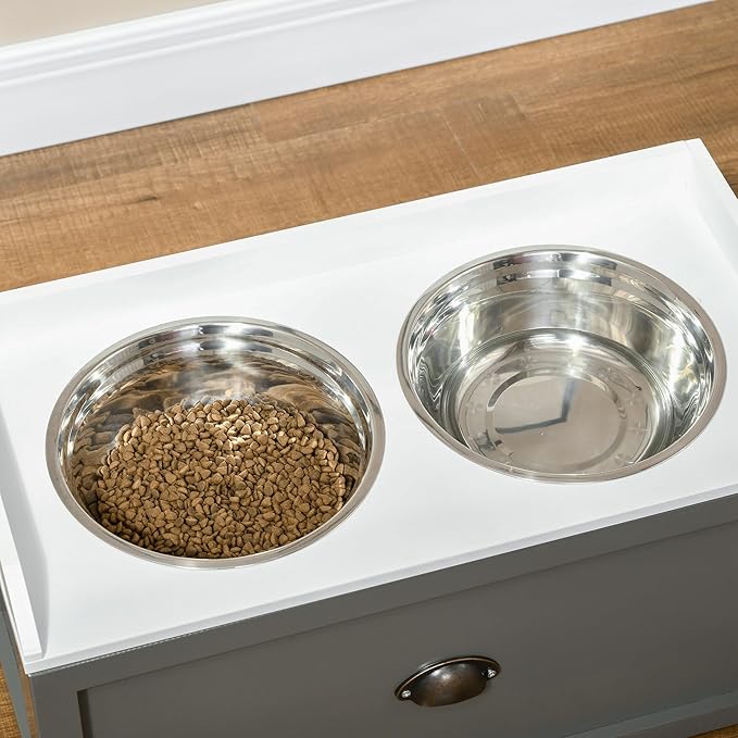 PawHut Feeding Station with Storage Drawer, Food Storage Cabinet with 2 Removable Elevated Bowls for Large Sized Dogs, Gray