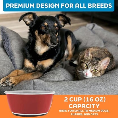 Master Pet Supply Stainless Steel Dog Bowls Set of 2 (16 Oz Each) with Non-Slip Rubber Base - Crimson Flame - Basic Dog Food Bowl Water & Food Bowls for Small Medium Large Dogs & Cats, Metal Dish