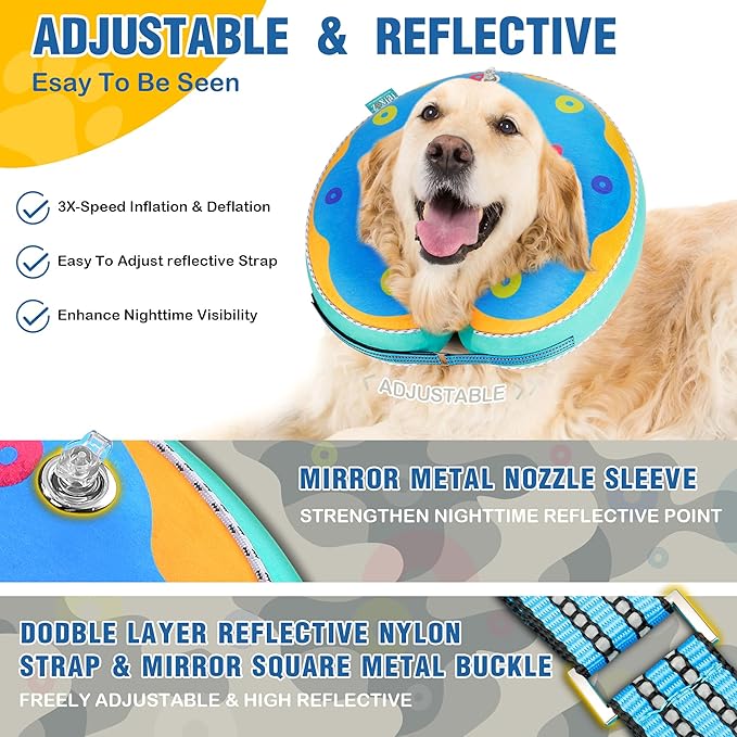 Inflatable Reflective Dog Cone Collar Alternative After Surgery,Dog Neck Donut,Recovery Soft Protective E Collar,Adjustable,for Small Medium and Large Dog Cats (Blue, XL)