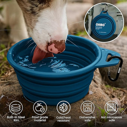 OHMO Collapsible Dog Water Bowls w/Built-in Stainless Steel Ring – 2pcs Small 12oz/400ml Portable Silicone Pet Feeding Bowl for Hiking, Camping, Travel
