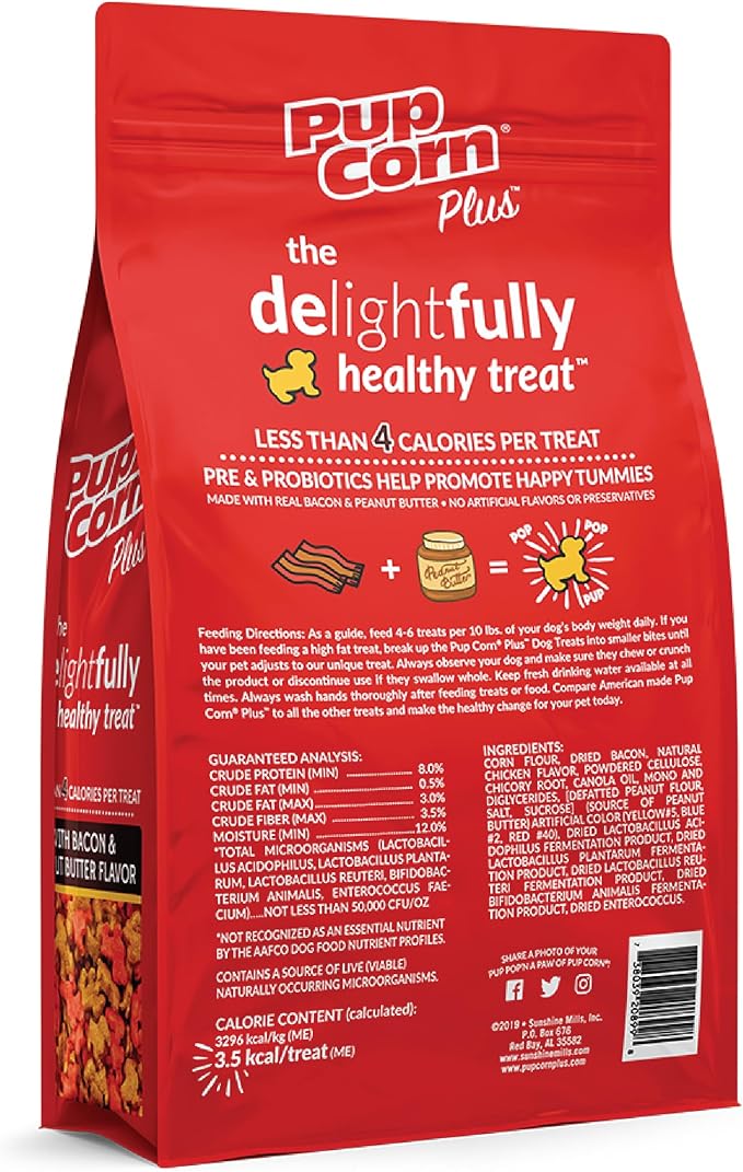 Pup Corn Plus - Puffed Dog Treats with Prebiotics and Probiotics - Bacon & Peanut Butter (24oz) - Made in USA (Pack of 2)