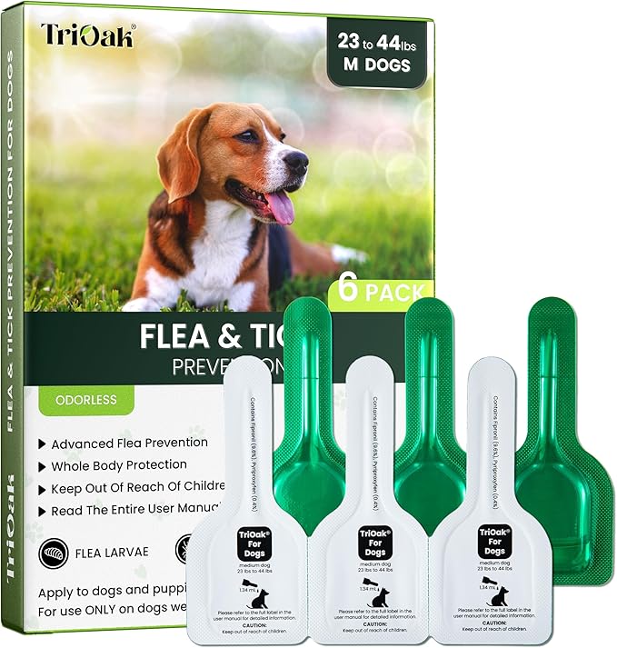Flea and Tick Prevention for Medium Dogs, 6 Doses Treatment Helps Control Fleas, Ticks and Chewing Lice for Dogs 23-44 lbs, Waterproof, Fast Acting
