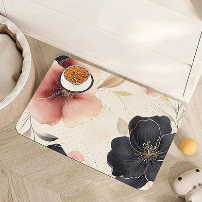 Pink Floral Pet Feeding Mat,Boho Flower Absorbent Quick-Dry Cat Dog Food and Water Bowl Mats,Non-Slip Rubber Backing Mat,Cat Dog Accessories Supplies 16"x24"