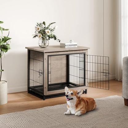 Vongrasig Dog Crate Furniture, Side End Table, Modern Wooden Kennel for Dogs Indoor, Heavy-Duty Dog Cage with Multi-Purpose Removable Tray, Double-Door Dog House, Grey