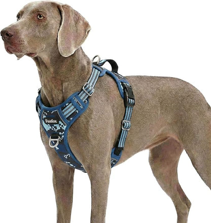 Funfox Dog Harness No Pull, Adjustable Pet Vest Harness, Super Soft Material with Vertical Handle Easy Control, Reflective Night Walking, 2 Leash Clips for XLarge Dogs, Mosaic Blue, XL