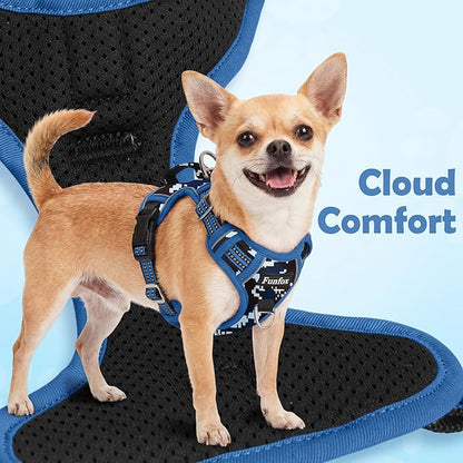 Funfox Dog Harness No Pull, Adjustable Pet Vest Harness, Super Soft Material with Vertical Handle Easy Control, Reflective Night Walking, 2 Leash Clips for Medium Sized Dogs, Mosaic Blue, M