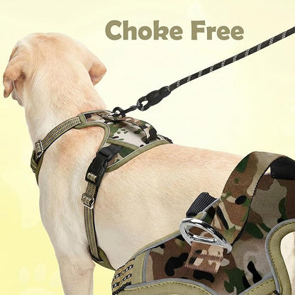 Funfox Dog Harness No Pull, Adjustable Pet Vest Harness, Super Soft Material with Vertical Handle Easy Control, Reflective Night Walking, 2 Leash Clips for Large Dogs, Camo Green, L