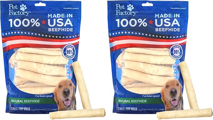 Pet Factory 100% Made in USA Beefhide Chip Rolls Dog Rawhide Chews,Thick,Dog Chews Long Lasting from American Cattle,Dog-Chew Bones,5 Inches,22 Count (Pack of 2)