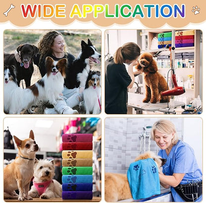 Chumia 8 Pcs Dog Towels for Drying Dogs Cats Pet Towels Bulk Puppy Microfiber Fast Drying Paw Bath Bathing Supplies Absorbent for Medium Pets(40 x 24 Inch,Dog Paw and Bone,Bright Color)