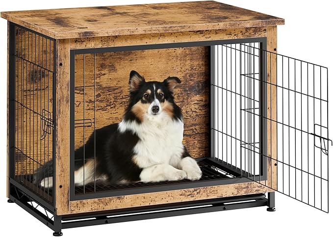 Vongrasig Dog Crate Furniture, Side End Table, Modern Wooden Kennel for Dogs Indoor, Heavy-Duty Dog Cage with Multi-Purpose Removable Tray, Double-Door Dog House, Rustic Brown
