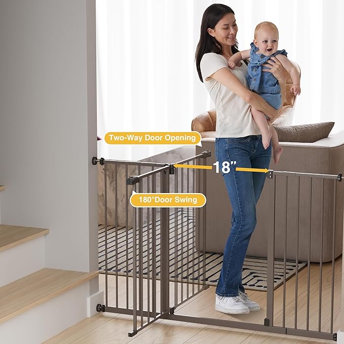 InnoTruth 28.9-49" Baby Gate for Doorways, 28" Tall Extra Wide Doggy Gates for Stairs One-Hand Opening, Easy Walk Thru Dual Lock Dog Gates for The House, Kitchen, Balcony, Easy Install Kid Gate,Brown