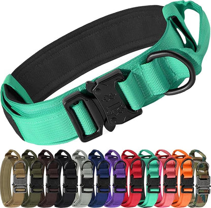 Joytale Tactical Dog Collar with Handle and Metal Buckle, Heavy Duty Padded Military Collar with 2 Patches for Training, Adjustable for XLarge Dogs, Teal, XL