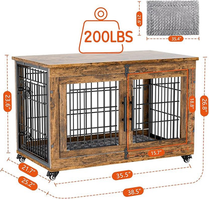 Lulive Dog Crate Furniture, Dog Kennel Indoor Double Doors Wooden Dog Cage, 38'' Heavy Duty Dog Crate with Cushion & Wheels, Decorative End Table Pet House Chew-Resistant for Large/Medium, Brown
