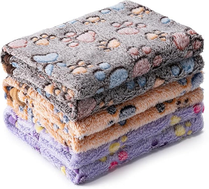 1 Pack 3 Blankets Super Soft Fluffy Premium Fleece Pet Blanket Flannel Paw Printed Throw for Dog Puppy Cat (Small 23x16'', Dark Coffee, Brown, Purple)