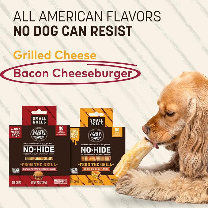Earth Animal No Hide Chews - from the Grill Rolls Bacon Cheeseburger Flavor Rawhide Free Small Dog Chews - 6 Count
